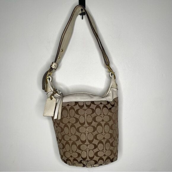 COACH Signature 2000’s Era Vintage Khaki, Brown, Ivory Bucket Adjustable Bag - Picture 1 of 13